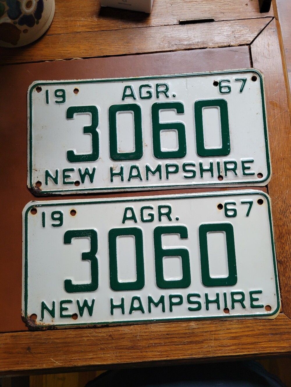Vintage 1967 New Hampshire License Plate PAIR Agriculture AGR 3060 NH Old Tag